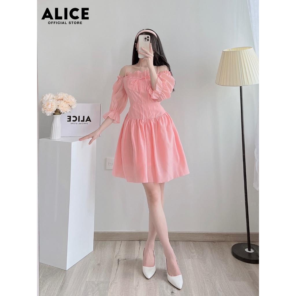 Váy Trễ Vai Tiểu Thư ALICE Chất Tơ Nến Lót Lụa Mềm Mát Thiết Kế Dáng Xòe Xếp Ly Ngực Cách Điệu V792