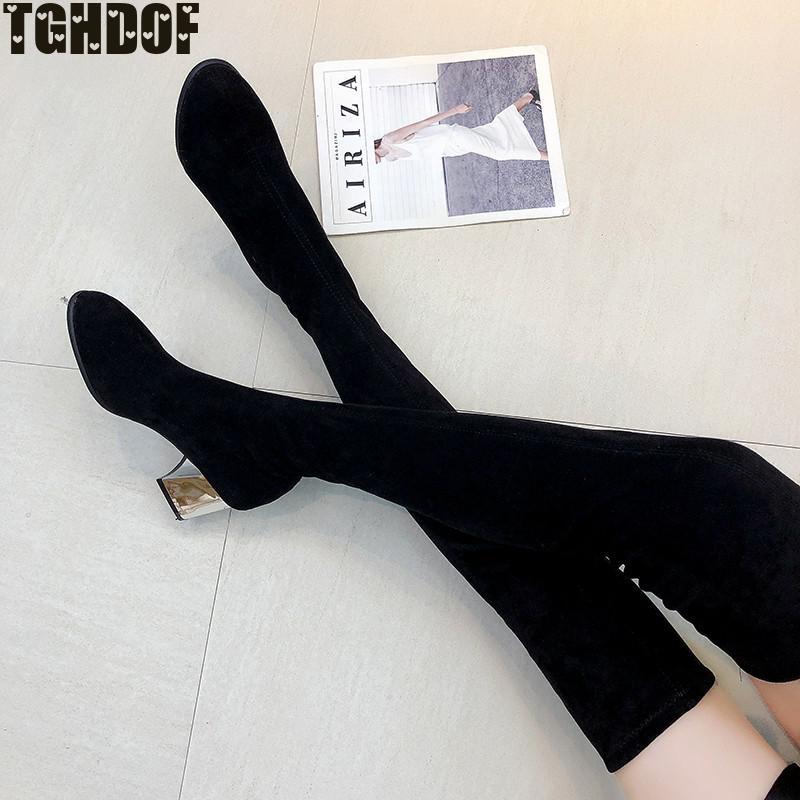 Over-The-Đầu Gối Dài Stovepipe Đi Giày Đen Mỏng Mùa Đông Ấm Áp Boot Kim Loại Chun Giày Cao Gót Hiệp Sĩ Botas giày Nữ 2021