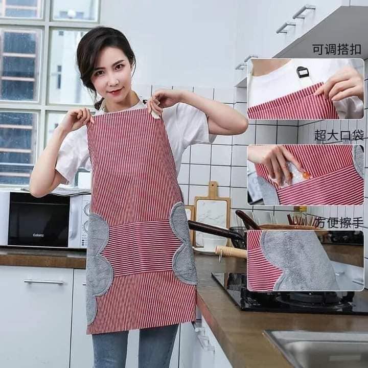 Tạp dề kẻ hoa có khăn lau tay bên hông LOẠI DÀY và có túi để điện thoại chống thấm nước tiện lợi