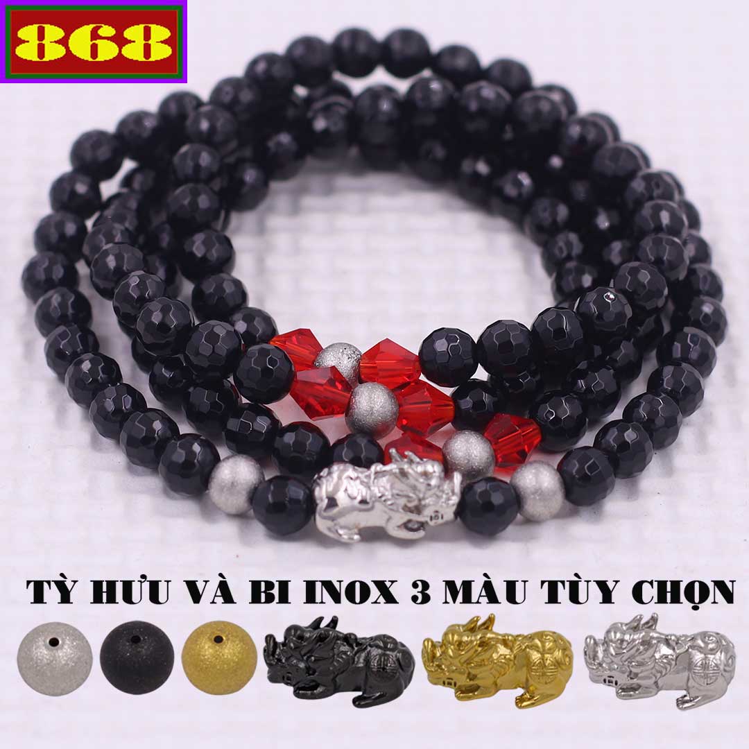 Vòng chuỗi 108 hạt đá Thạch anh đen Cắt giác charm tỳ hưu inox - Chuỗi hạt 6 ly, 8 ly - Vòng chuỗi niệm Phật Bình an, may mắn