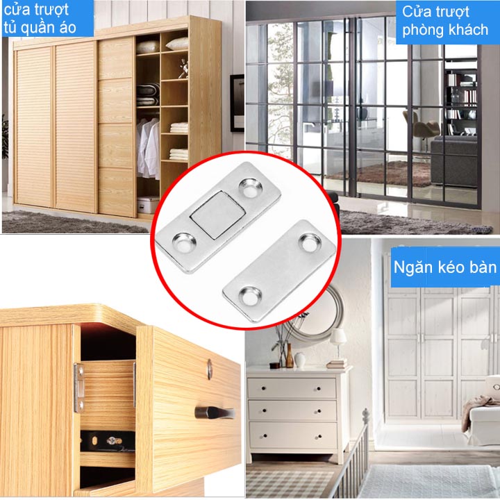 Bộ 2 chốt nam châm mini cho cửa tủ, ngăn kéo bàn, cửa trượt với nam châm lực hút mạnh có băng dính 2 mặt và vít