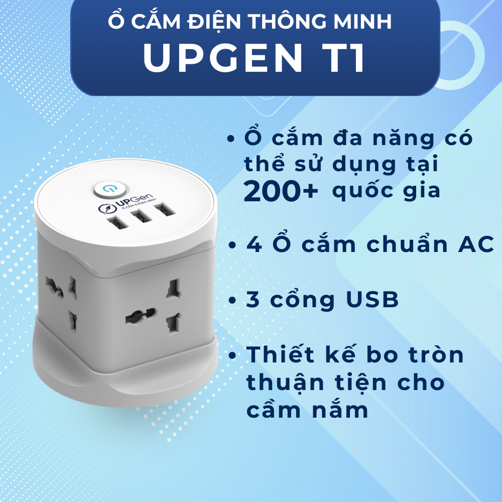 Ô cắm điện đa năng UPGEN T1 có 3 cổng sạc USB cho điện thoại, 4 ổ cắm chịu tải 2500W, dây điện dài 2.5m, An Toàn, Chống Cháy, Chống Giật, BH 12 tháng ERGOHOME