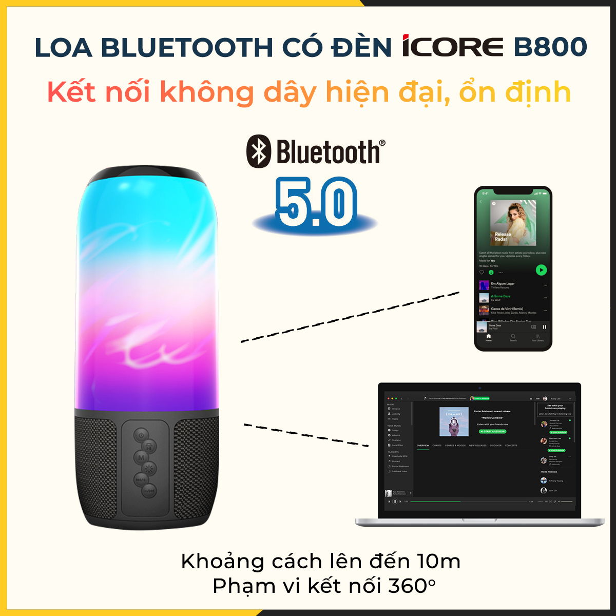 Loa Bluetooth có đèn iCore B800 - Hàng Chính Hãng