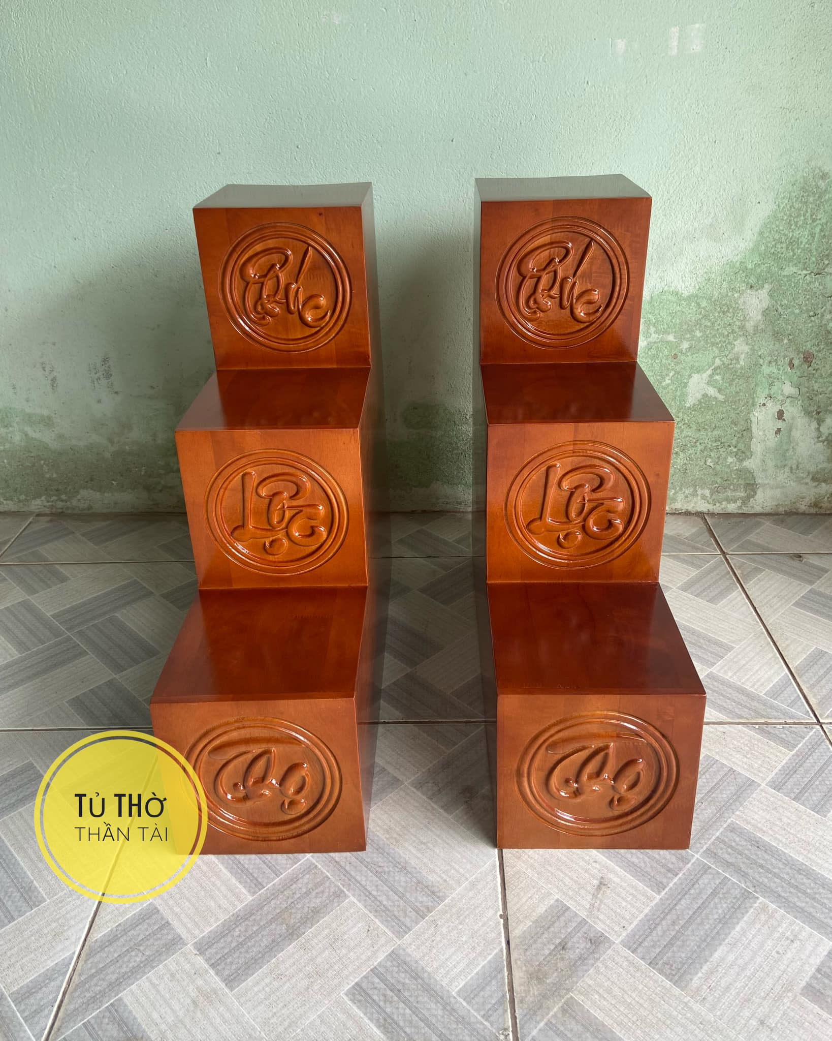 Bục tam cấp bàn thờ thần tài chạm khắc PHÚC LỘC THỌ