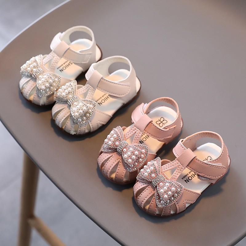 Dép sandal cao cấp tập đi trẻ em phối nơ phong cách vintage chống vấp cho bé gái