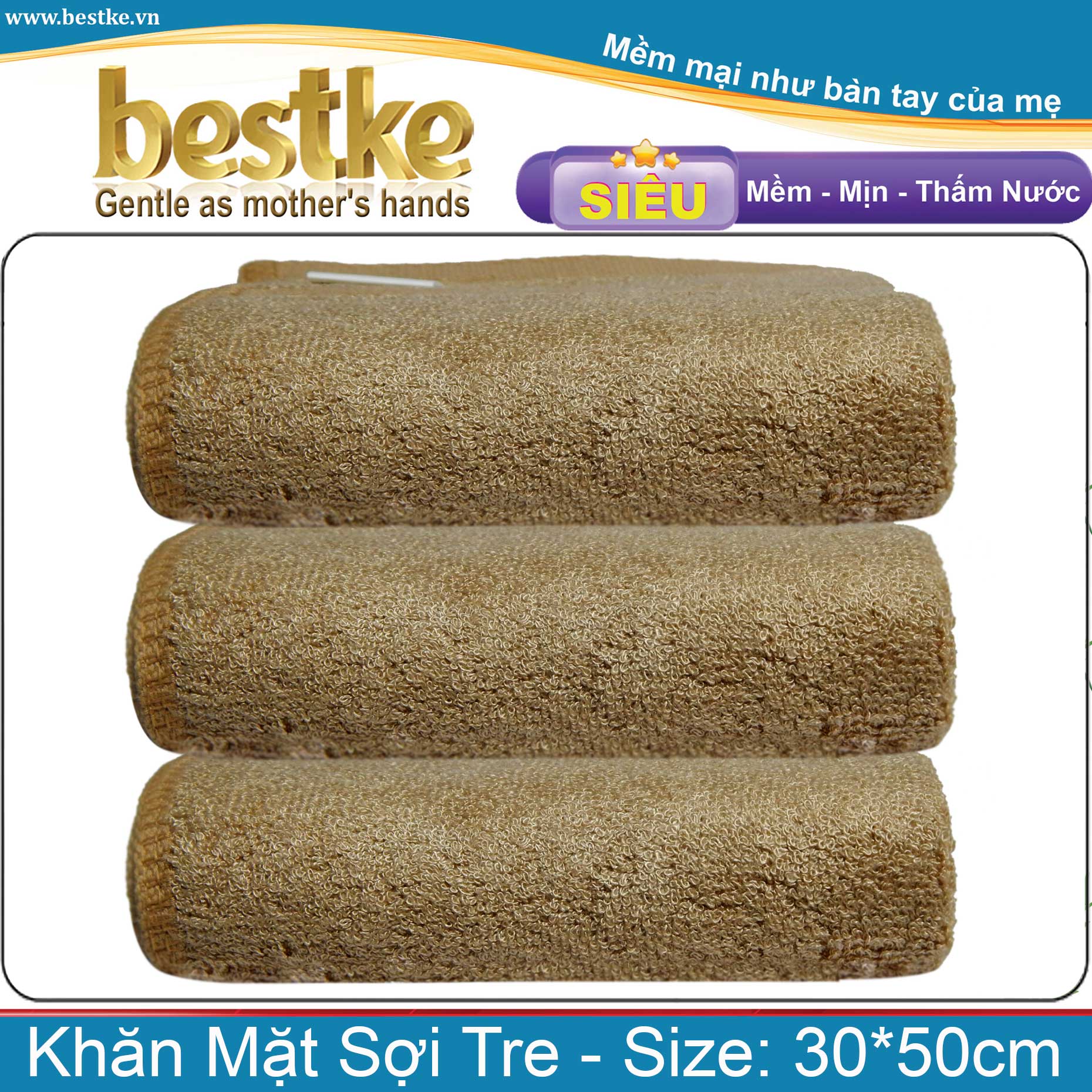 Set 3 Khăn Mặt Sợi tre bestke màu nâu cafe bamboo towels siêu mềm mịn thấm hút và không phai màu