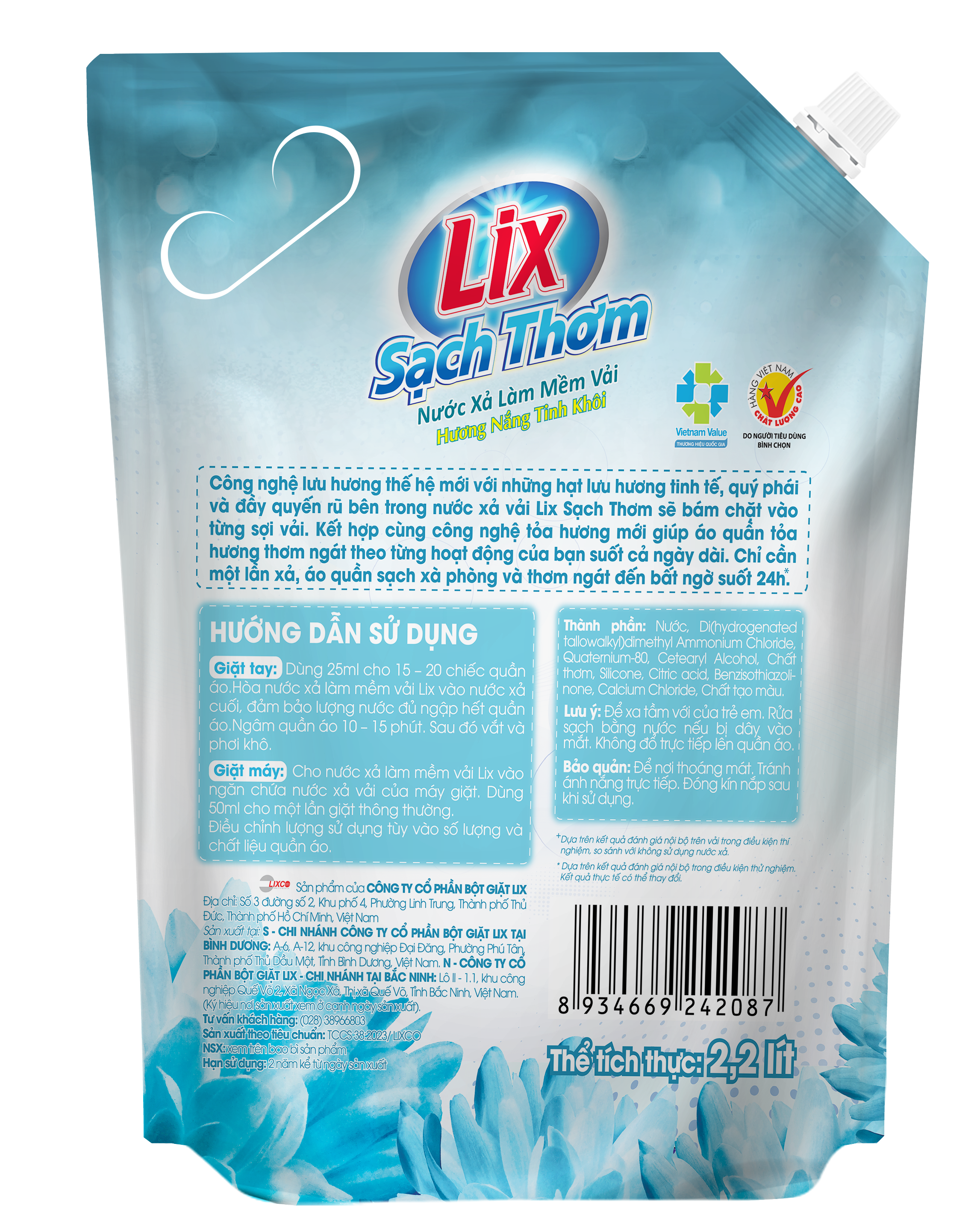 Nước xả Lix làm mềm vải sạch thơm hương nắng tinh khôi  dung tích 2.2L - 17802