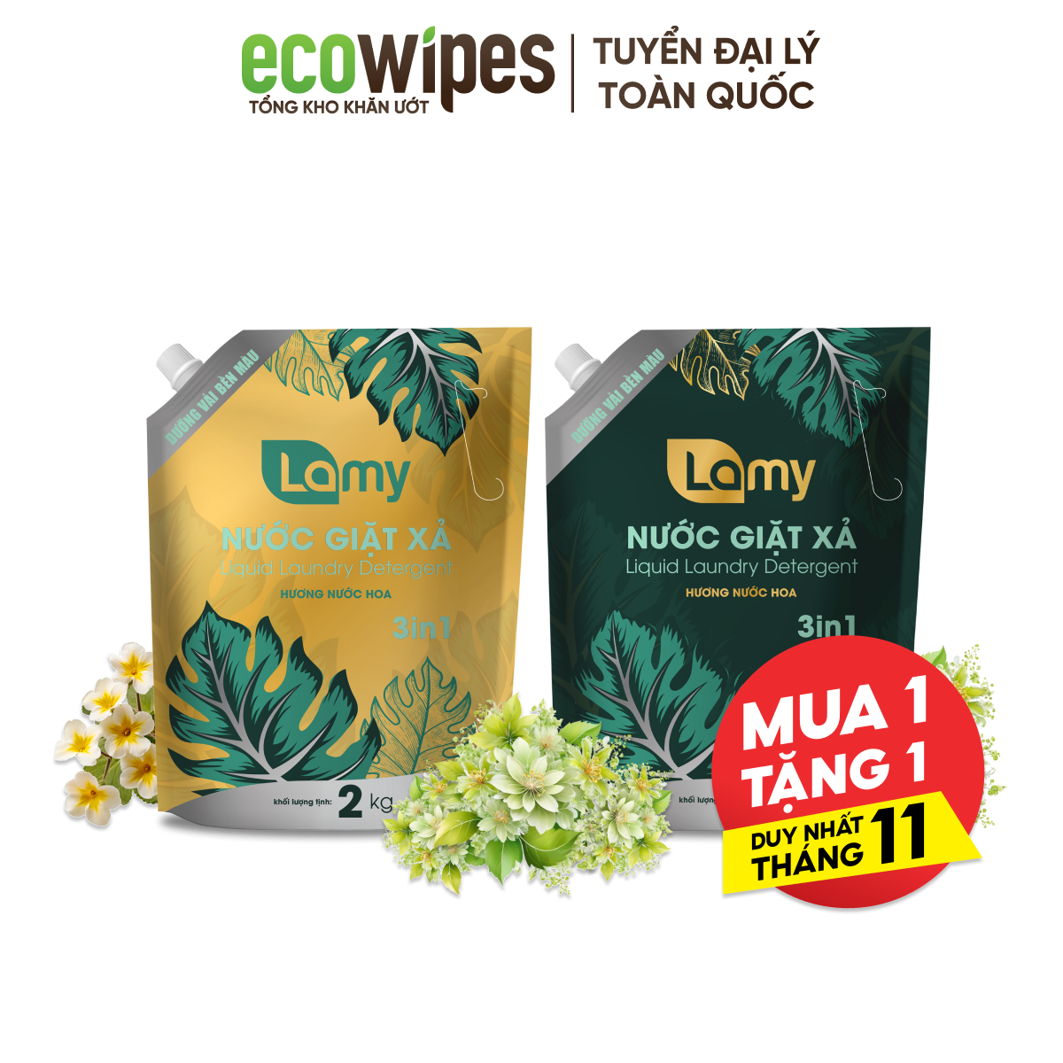 [MUA 1 TẶNG 1] Nước Giặt Xả Lamy EcoWipes Túi 2KG Hương Nước Hoa Thơm Lâu Sạch Nhanh Làm Mềm Vải 3IN1 (2 TÚI)