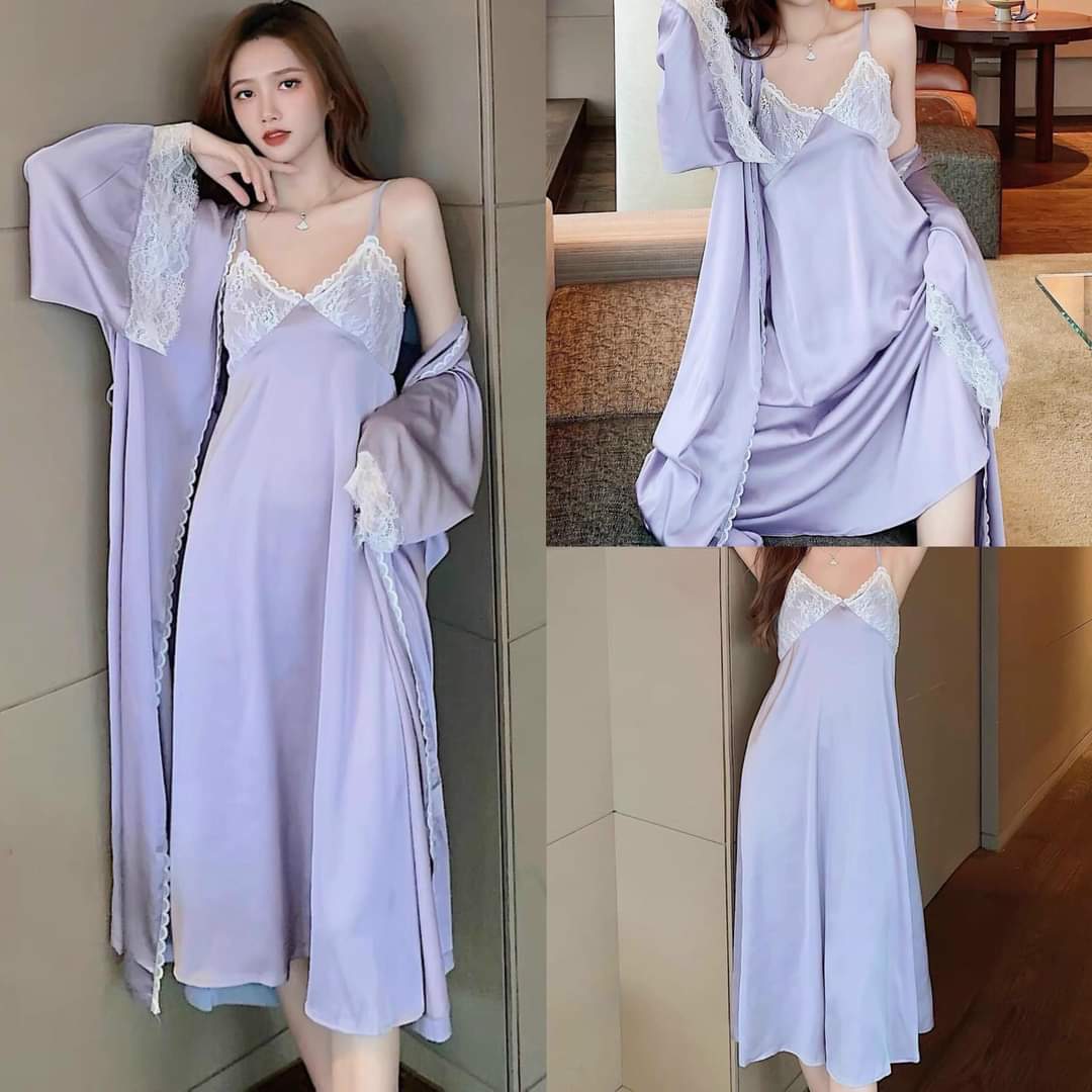 Hantu Sleepwear -Set áo choàng kèm váy ngủ lụa dáng dài qua gối mặc nhà sang trọng -Màu xám lông chuột