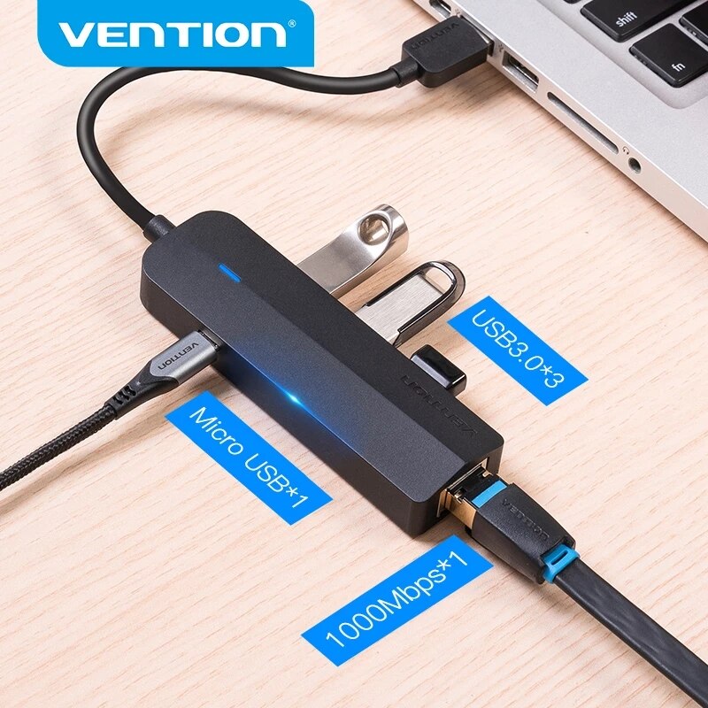 Chuyển đổi USB 3.0 to LAN + 3 port USB 3.0 Vention dài 15Cm CKBHB - Hàng chính hãng