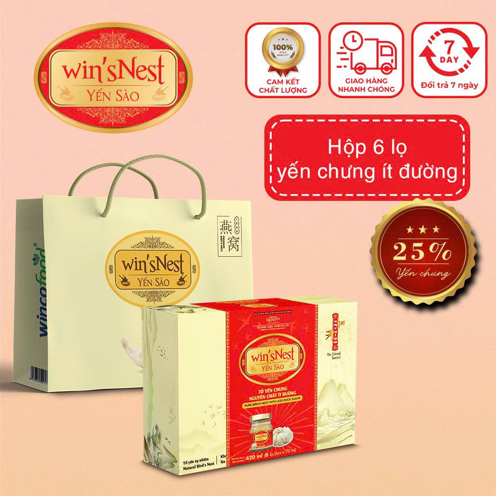 Hộp win'sNest - Tổ yến 25% (0.3g/ 70ml) chưng sẵn nguyên chất ít đường (6 lọ x 70 ml/ Hộp