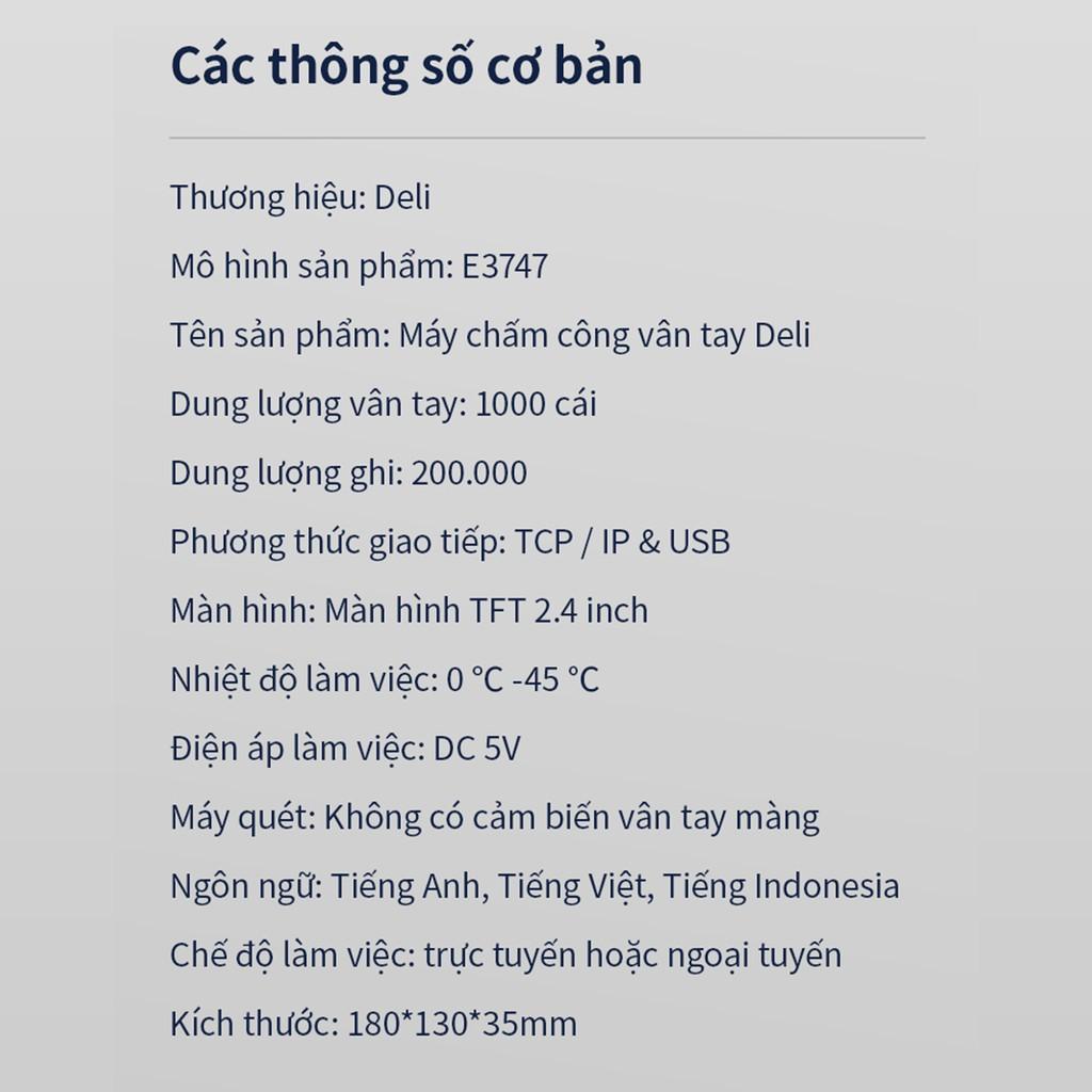 Máy Chấm Công Quét Vân Tay Deli hàng Chính Hãng Deli   - Màn Hình 2.4 Inch, Camera Kép, Kết Nối USB - Tích Hợp Nhiều Ngôn Ngữ E3747