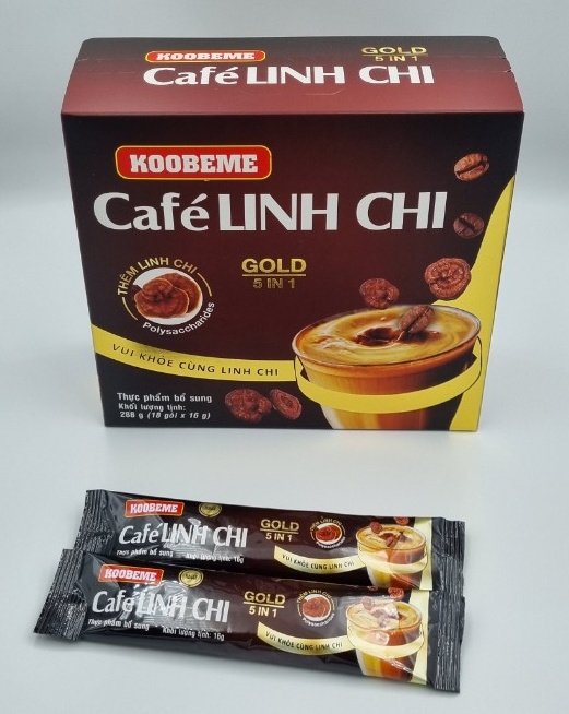 Cà phê hoà tan Café Linh Chi 5in1 Koobeme Gold vị đậm đà thêm Linh Chi tăng sức đề kháng Hộp 18gói