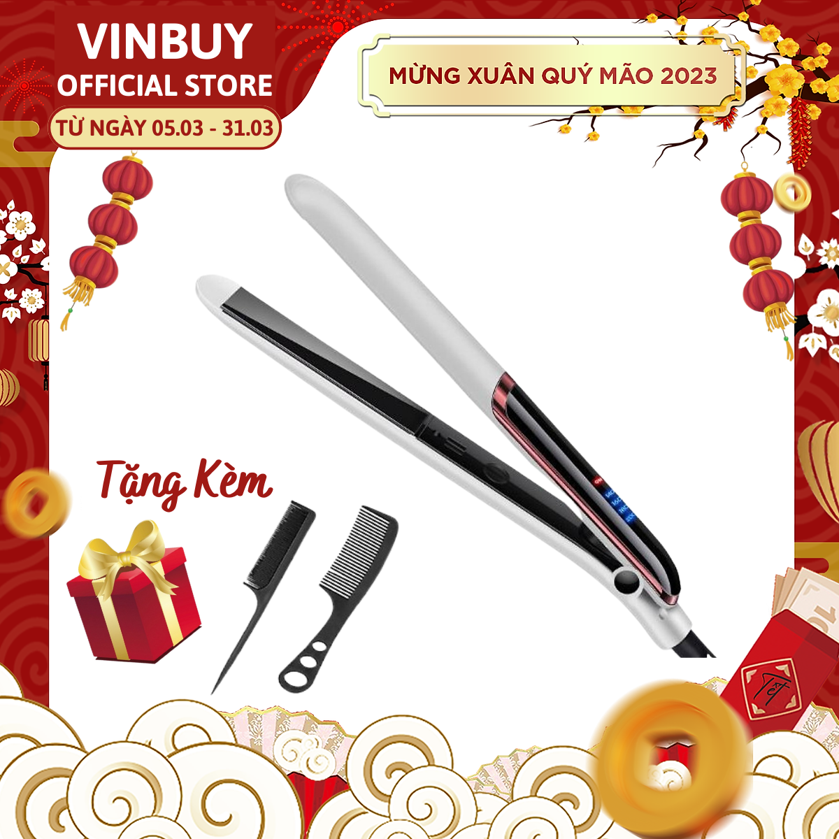 Máy Là, Ép, Uốn Tóc Cao Cấp TẶNG KÈM 02 Lược Chải Tóc Đa Năng 3 Trong 1 Cao Cấp Sang Trọng - Dùng Cho Salon Tóc & Tại Nhà – Chính Hãng VinBuy