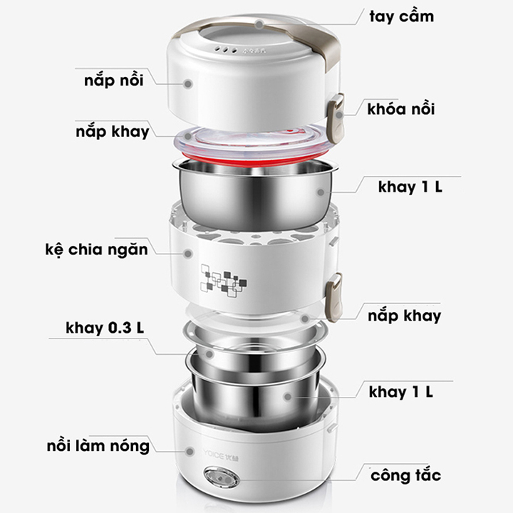 Hộp cơm điện hâm nóng và nấu chín đồ ăn 3 ngăn inox cao cấp dung tích 2 lít