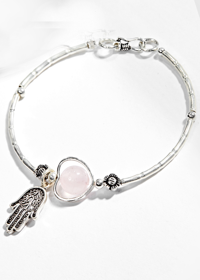 Vòng Tay Bạc 1 Hạt Đá Thạch Anh Hồng Phối Charm Bàn Tay Hamsa Bạc Ngọc Quý Gemstones