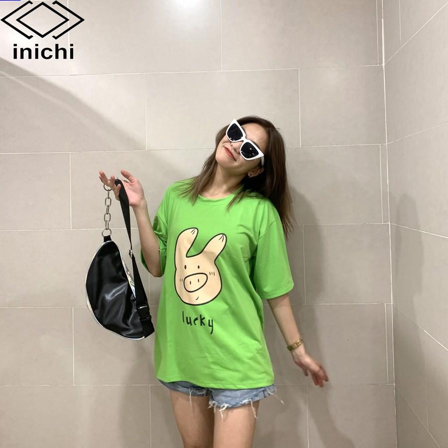 Áo thun Unisex INICHI tay lỡ form rộng phong cách nam nữ in hình chú heo lucky - A660 xanh lá