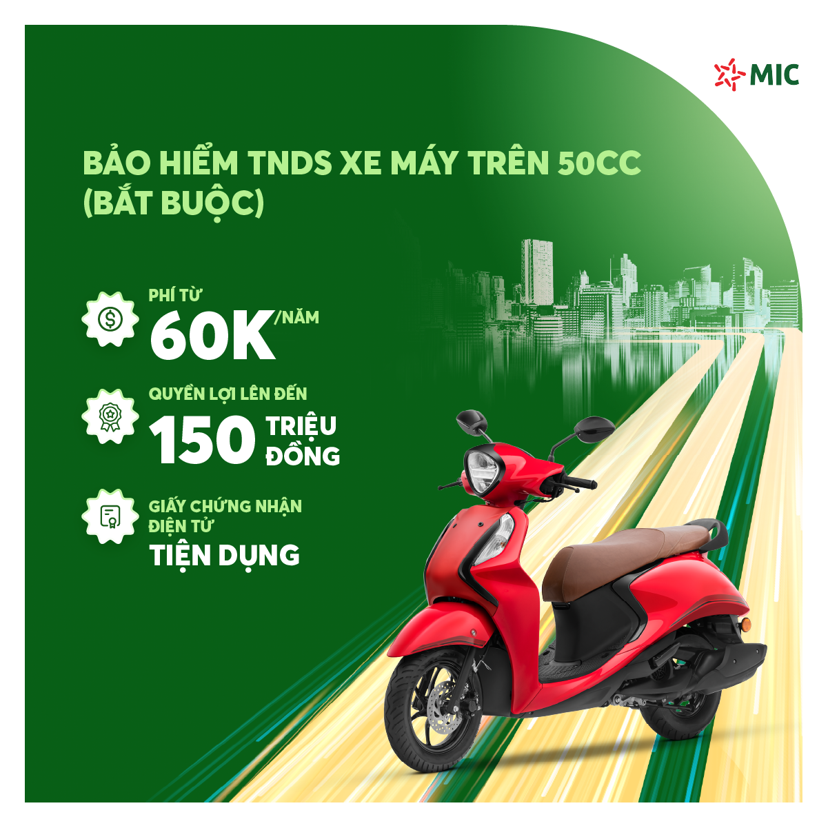 Bảo hiểm xe máy trên 50cc , số tiền bồi thường 150 triệu, giấy chứng nhận điện tử - Bảo hiểm Quân đội MIC