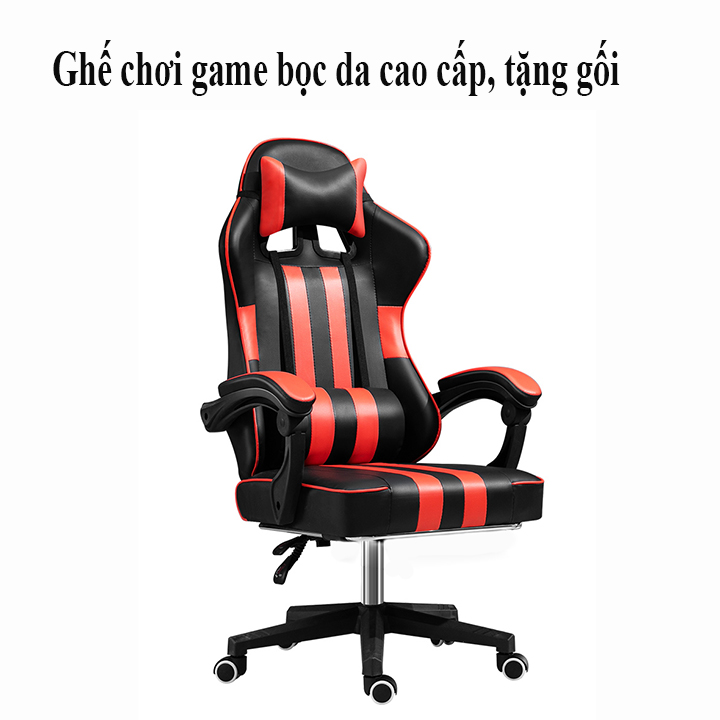 Ghế gaming - ghế chơi game bọc da cao cấp ngồi làm việc chơi game đa năng chân xoay 360, TẶNG GỐI