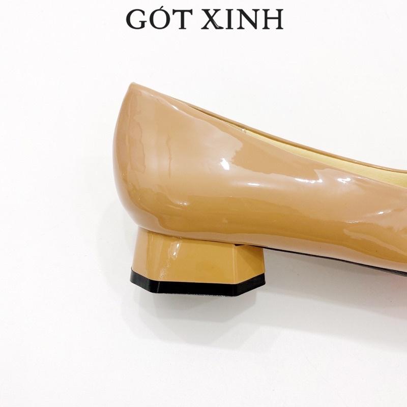 Giày cao gót bít mũi nữ GÓT XINH G18 da bóng phối nơ cao 3cm