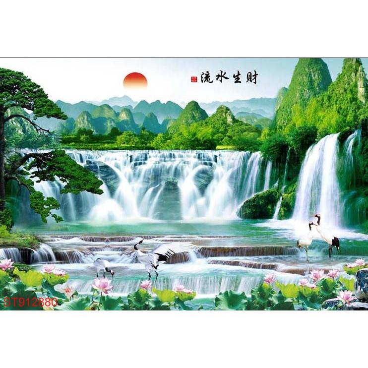 Tranh dán tường 3D thác nước sơn thủy