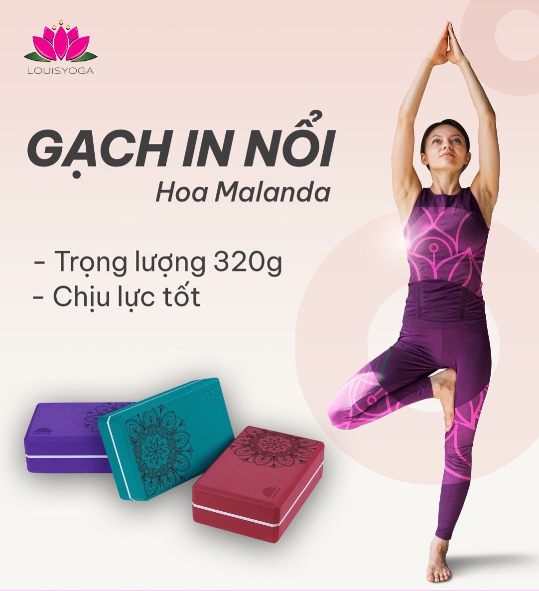 Gạch tập Yoga Louis cao cấp in nổi hoa mandala trọng lượng 320g (giá bán 1 viên) - Thương hiệu LOUIS YOGA