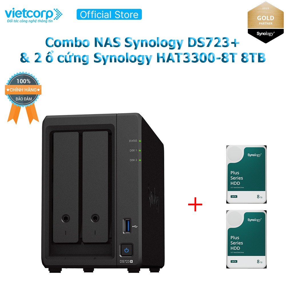 Combo Thiết bị lưu trữ NAS Synology DS723+ và 2 Ổ cứng Synology HAT3300-8T Hàng Chính Hãng