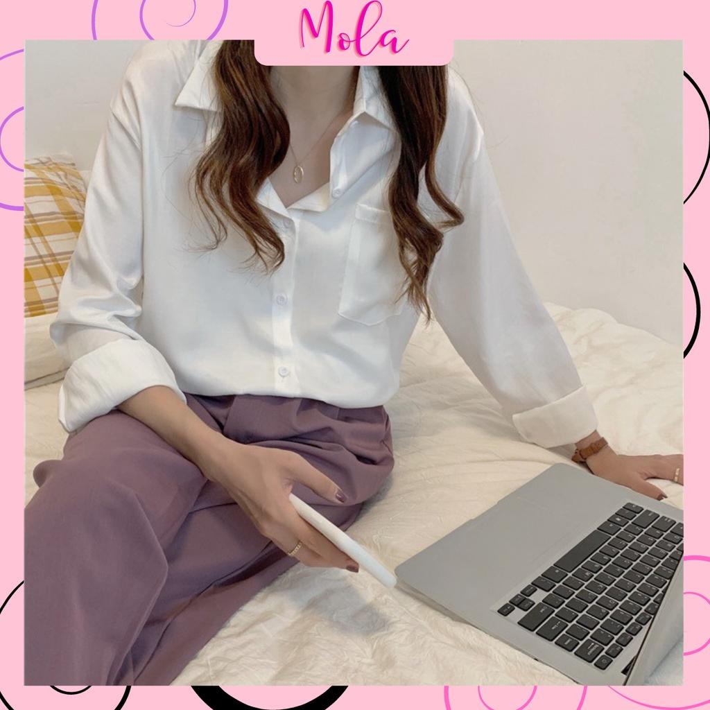 Áo Sơ Mi Form Rộng MOLA Màu Trắng Dáng Dài 1 Túi Kiểu Hàn Quốc Vintage Ulzzang Tiểu Thư Bánh Bèo Chất Đũi