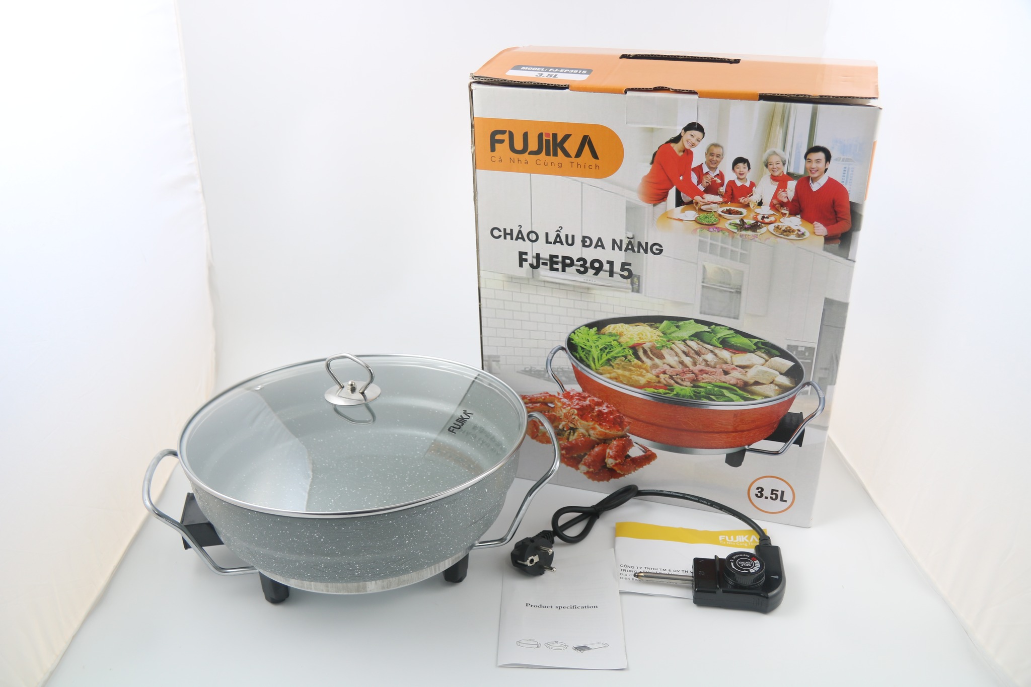 Nồi lẩu, chảo lẩu 3.5Lit men chống dính có thể chiên xào nấu FUJIKA có khung tay cầm chắc chắn, công suất 1350W-Hàng chính hãng, màu ngẫu nhiên