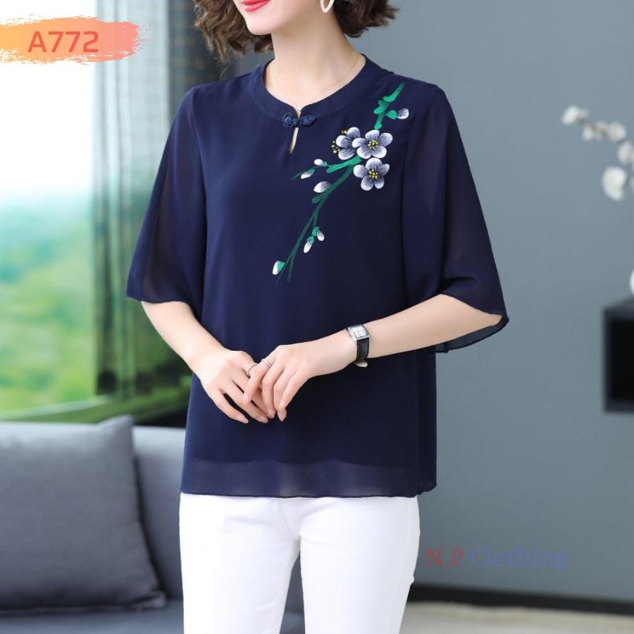Áo Kiểu Trung Niên Phối Họa Tiết Hoa Sang Trọng Đi Tiệc Cho Mẹ