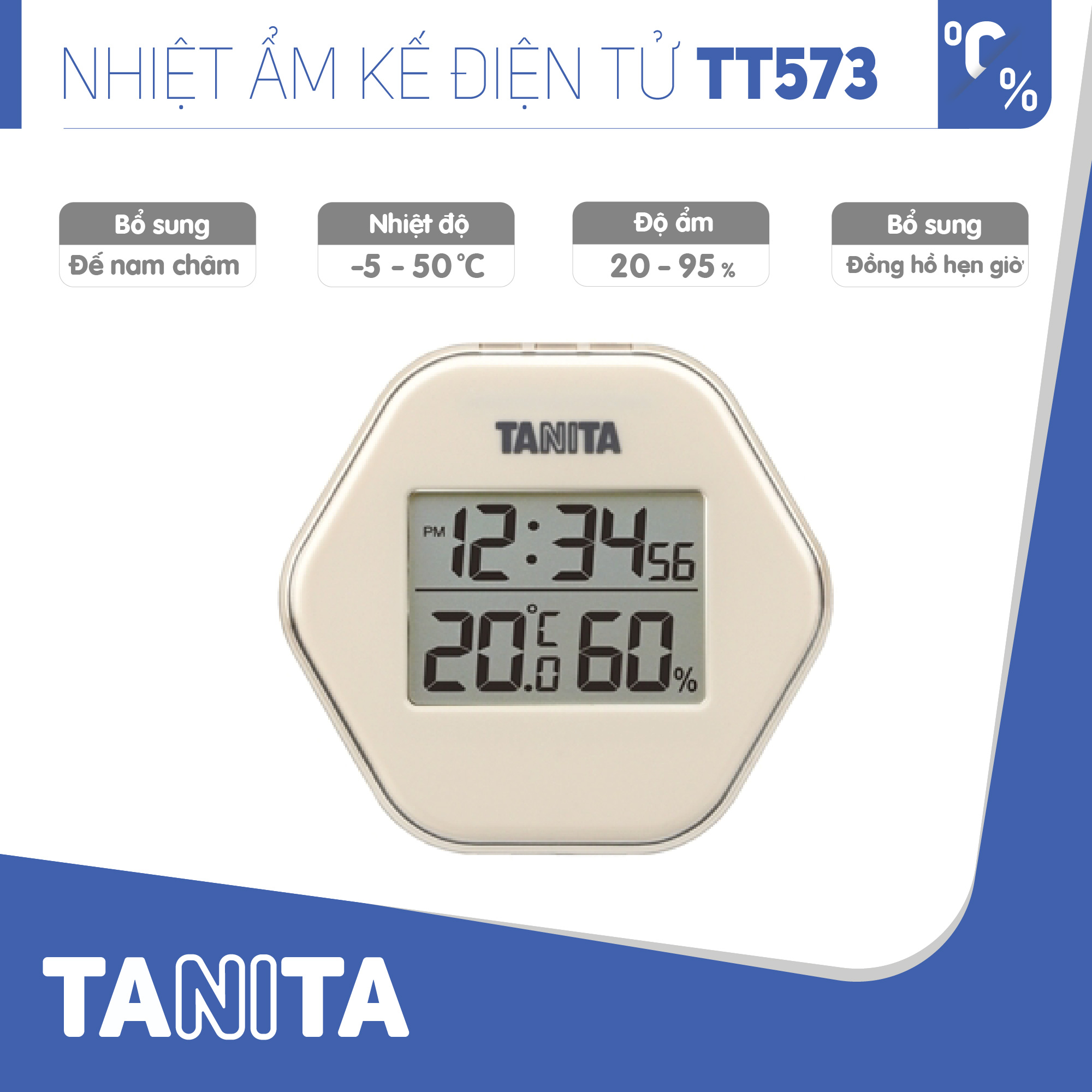 Nhiệt ẩm kế điện tử TANITA TT573 chính hãng nhật bản,thiết bị đo độ ẩm nhiệt độ chính xác,màn hình rõ ràng,hiển thị ngày giờ chuông báo thức,có lỗ treo,chân để bàn phù hợp trong phòng lạnh, bệnh viện, gia đình có trẻ sơ sinh