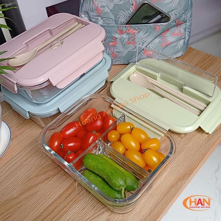 Bộ Hộp Cơm Văn Phòng Chất Liệu Thủy Tinh Cao Cấp Có Chia Ngăn Tiện Dụng - Tặng Kèm Túi Giữ Nhiệt Và Bộ Muổng Đũa