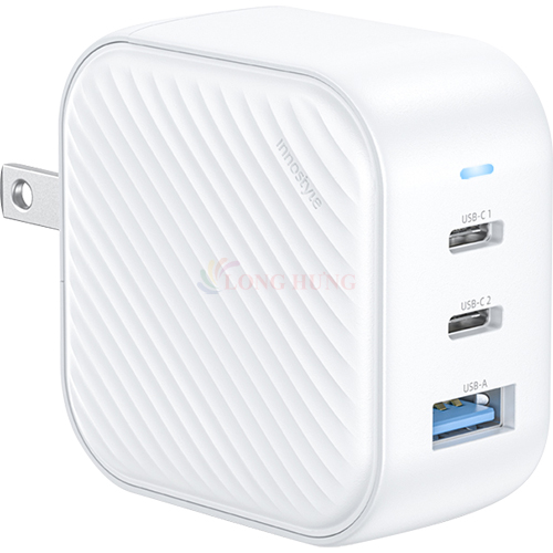 Cốc sạc Innostyle GaN MiniCube with Switch Convertible Plug UK+EU 1USB 2Type-C 65W IC65GWHT - Hàng chính hãng