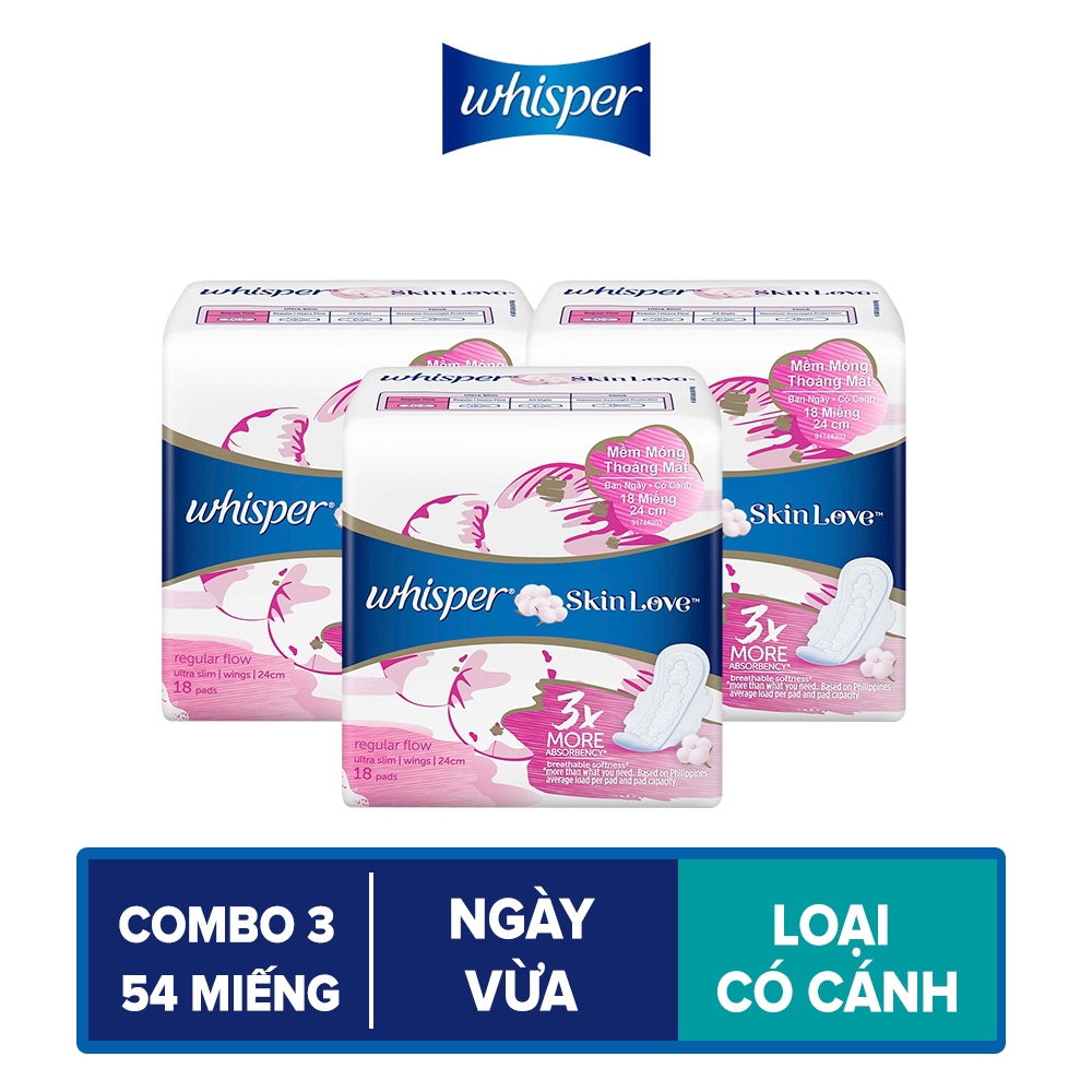 Combo 3 Băng Vệ Sinh Whisper SkinLove Siêu Mỏng Có Cánh Ngày Vừa 24cm (Gói 18  Miếng)