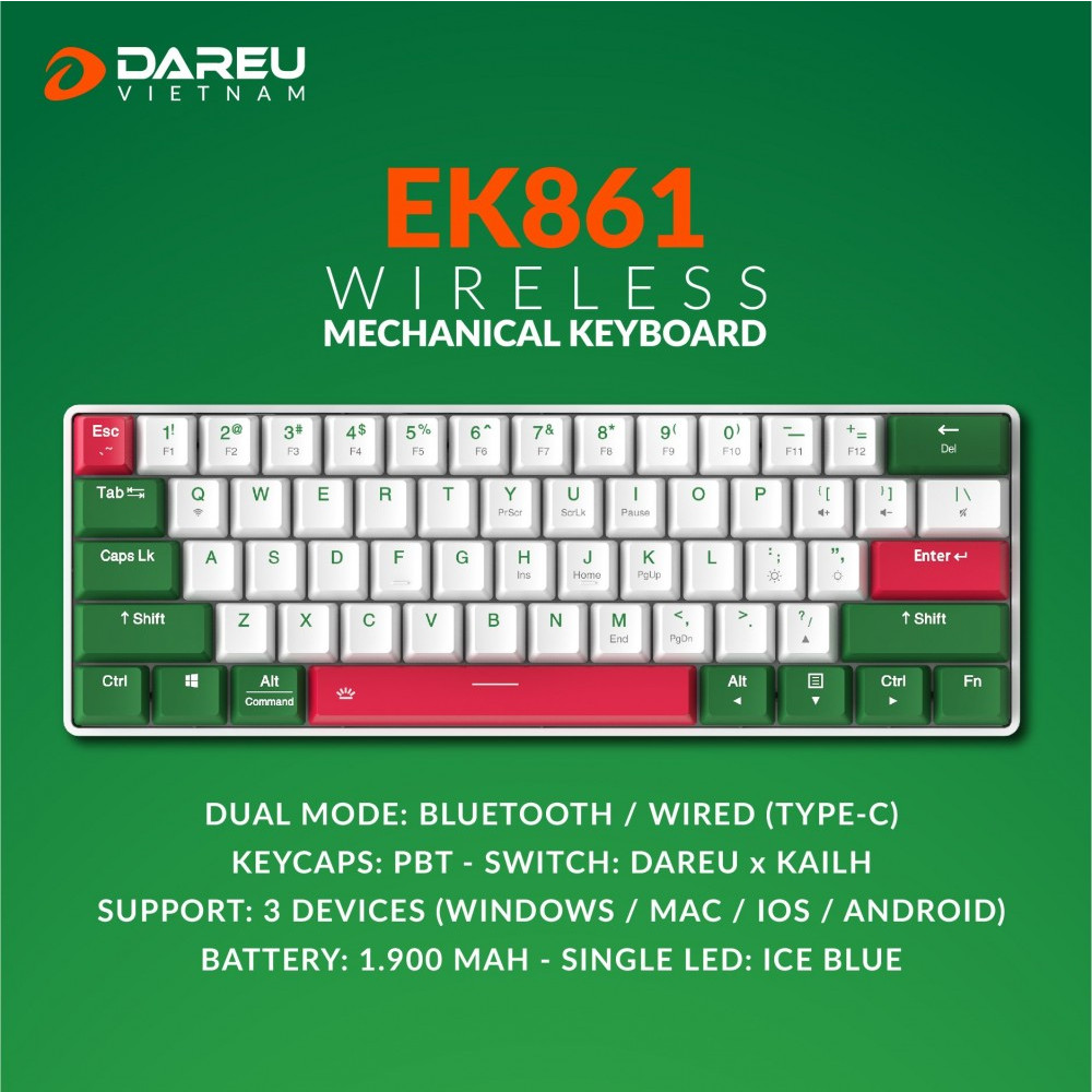 Bàn phím cơ không dây DAREU EK861 61KEY (PBT, Blue/ Brown/ Red D-KAILH switch) - Hàng chính hãng