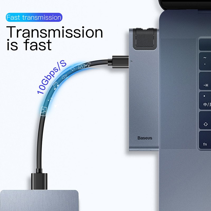 Bộ HUB chia cổng sạc 7 in 1 hiệu Baseus Thunderbolt Dual Type-C cho Macbook Pro mở rộng cổng sạc nhanh, 2 cổng USB 3.0, SD, Micro SD, HDMI, Cổng mạng LAN  - Hàng chính hãng