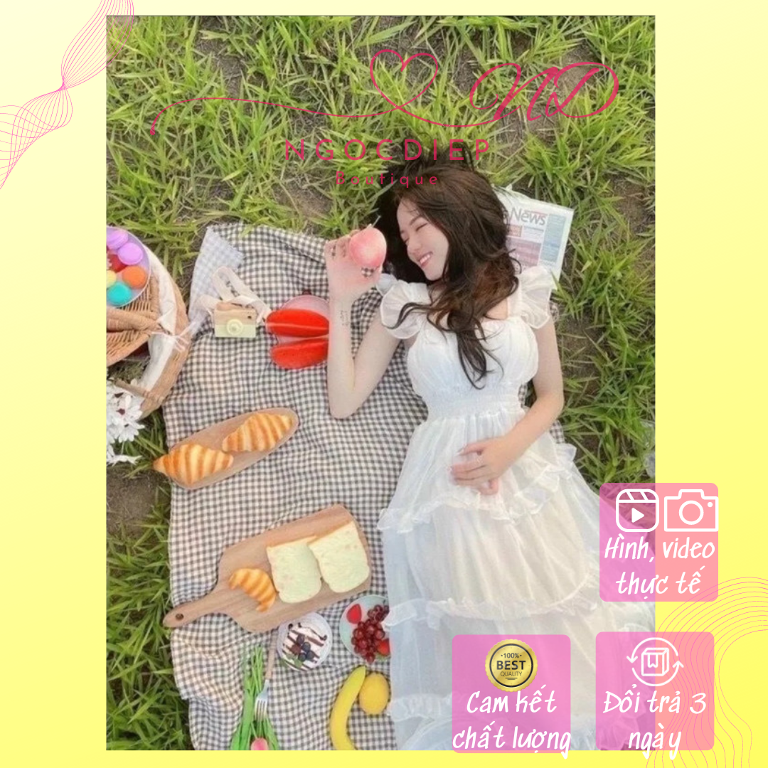 Đầm Maxi Trắng Xòe Tiểu Thư Đi Biển Vintage
