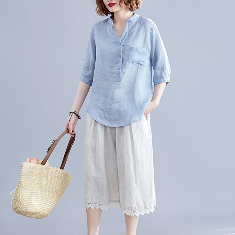 Áo sơ mi nữ cổ trụ tay lỡ trẻ trung, chất liện linen mềm mát, thời trang phong cách trẻ