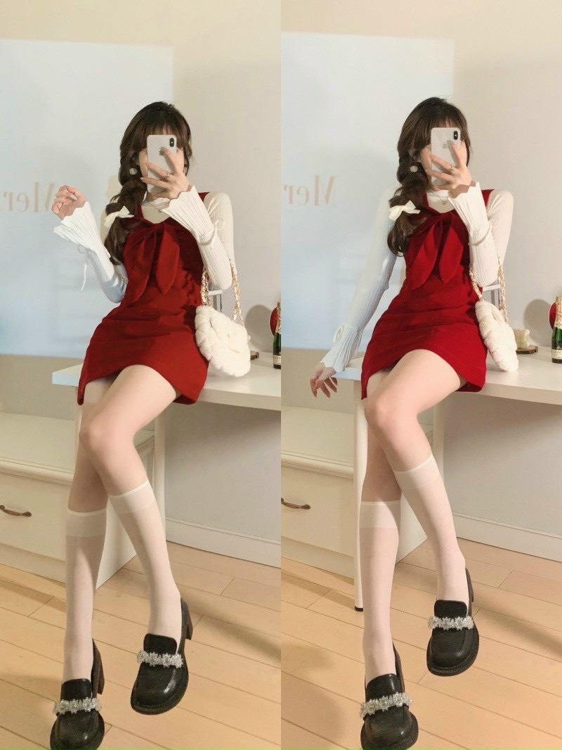 SET ĐẦM CỔ U TRƠN SÁT NÁCH DỰ TIỆC GIÁNG SINH NOEL ĐỎ + ÁO THUN TRƠN ÔM BODY