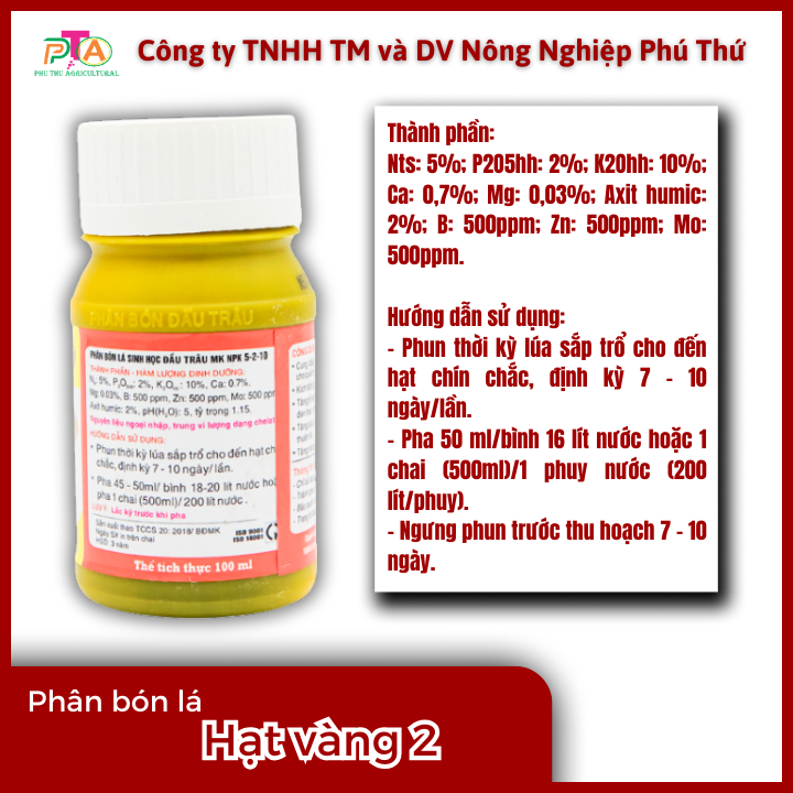 Phân Bón Lá Đầu Trâu MK Hạt Vàng 2 (5-2-10) chai 100ml