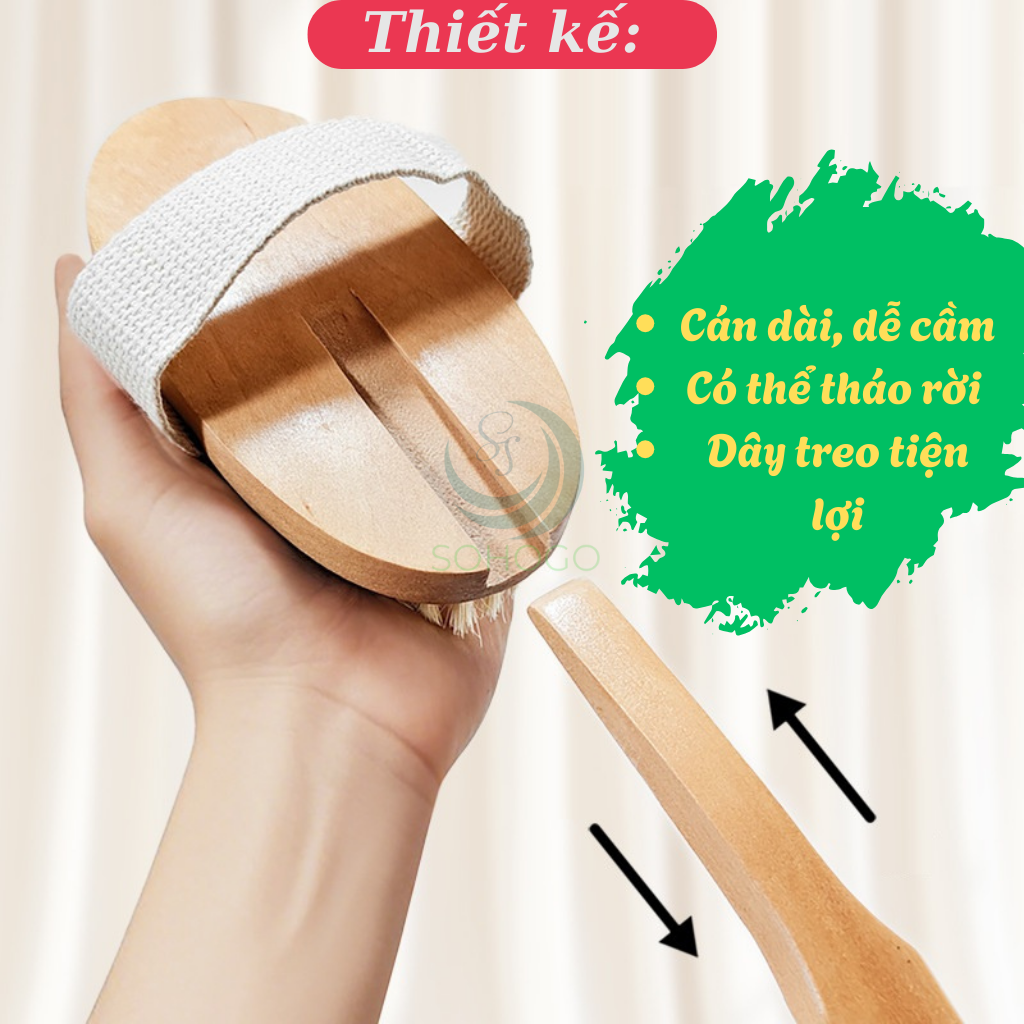 Bàn chải tắm cán dài bằng gỗ tự nhiên - Bàn chải massage cơ thể cao cấp - Cọ tắm khô &amp; ướt cán dài tiện lợi - Bàn chải chà lưng chống tế bào chết - Bàn chải tắm toàn thân spa tại nhà
