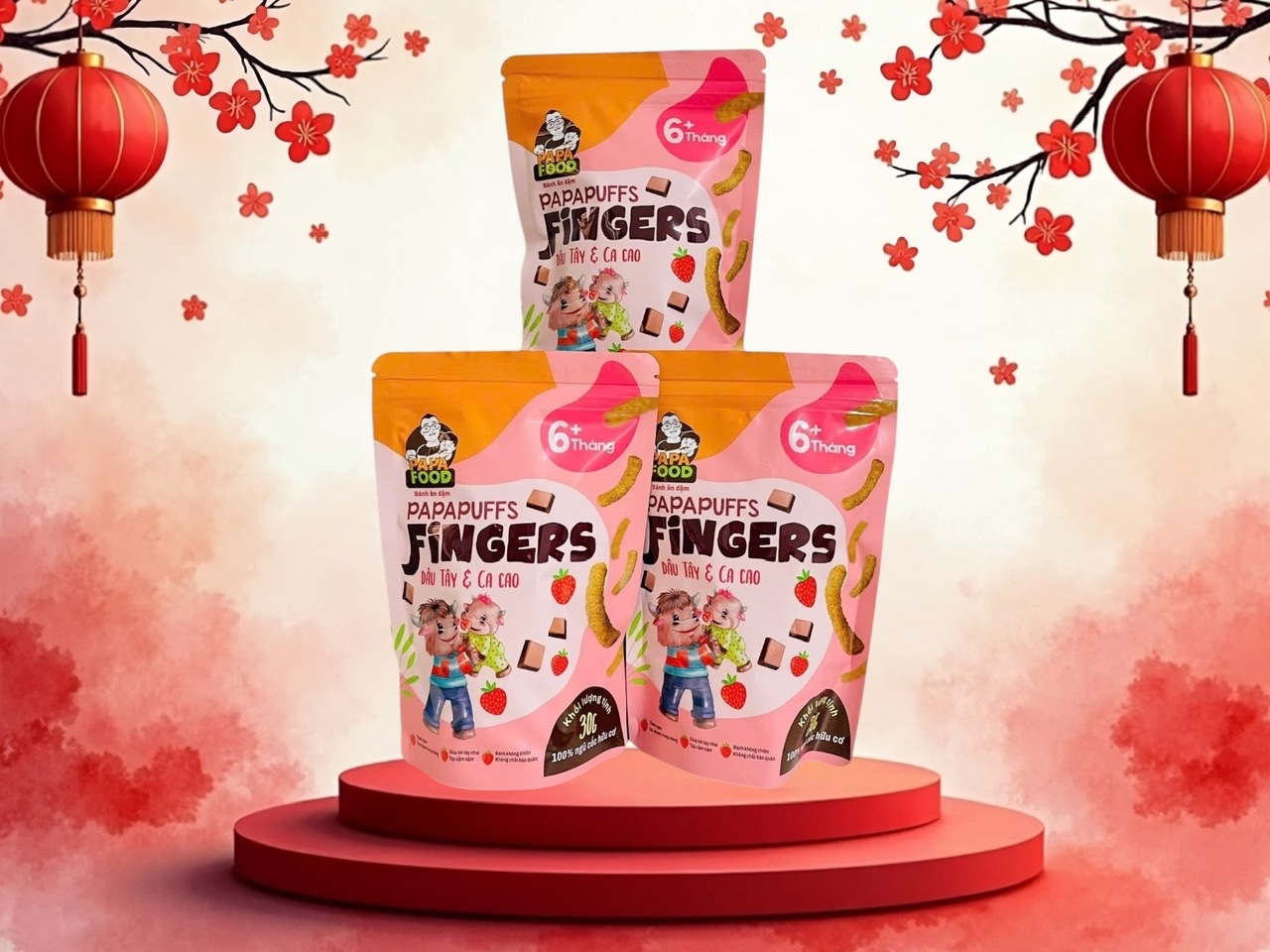 Bánh ăn dặm PAPAFOOD PAPAPUFFS Vị Dâu Tây &amp; Ca Cao - 100% Ngũ Cố Hữu Cơ - Gói 30G