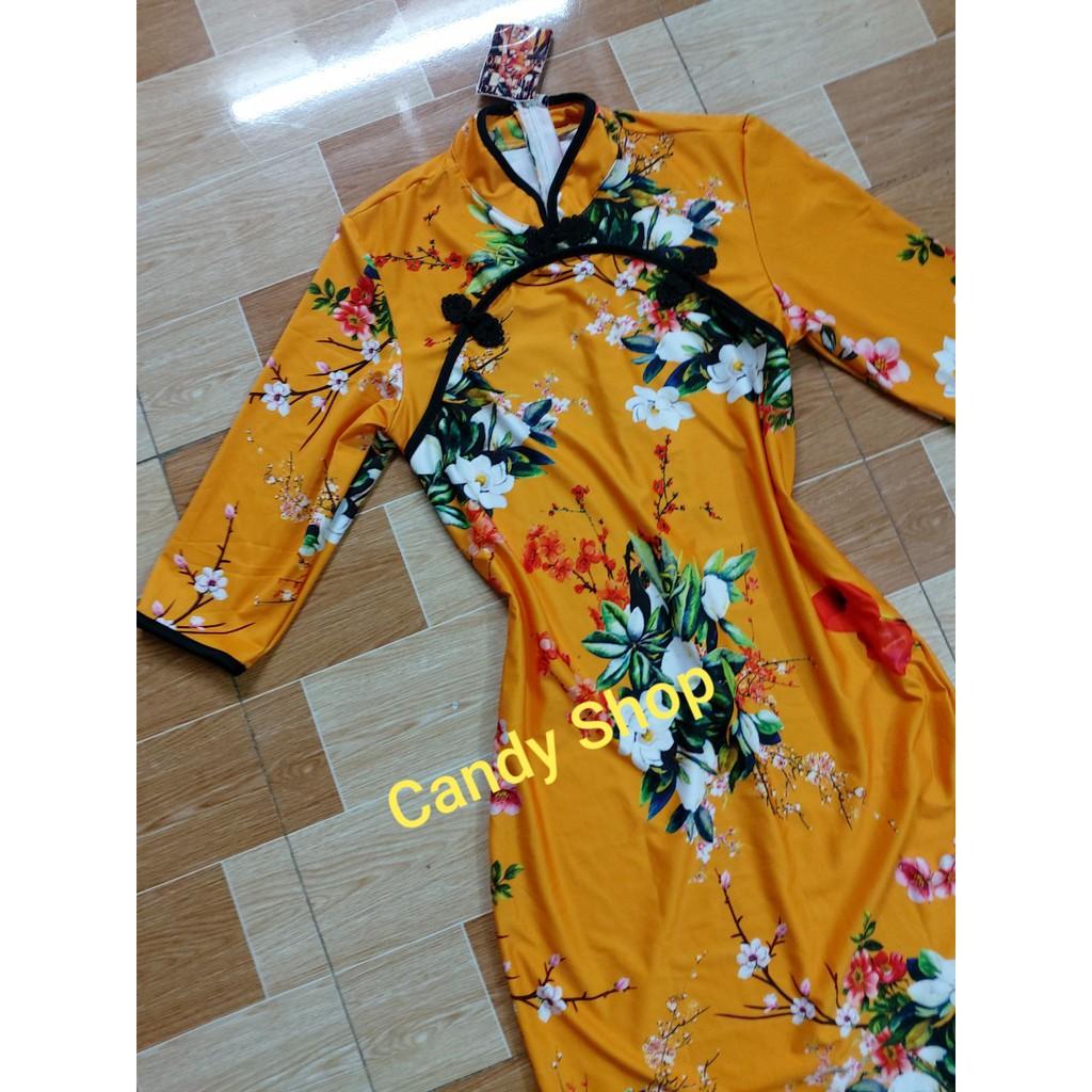 Đầm body cổ tàu tay lỡ hoạ tiết siêu xinh