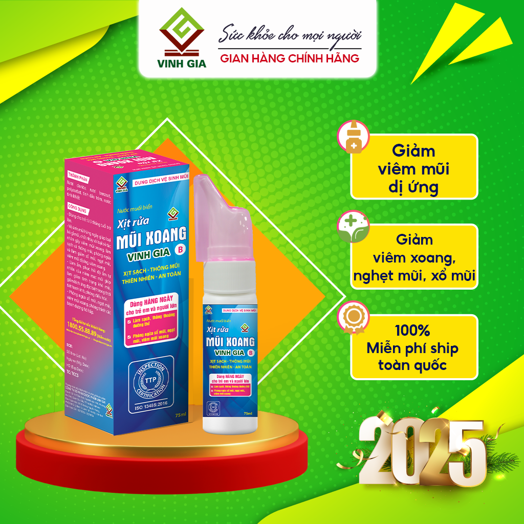 Xịt Rửa Mũi Xoang VINH GIA B Chứa Tinh Dầu Tràm, Giảm Dị Ứng, Nghẹt Mũi, Dùng Cho Trẻ Em Từ 3 Tháng Tuổi 75ml