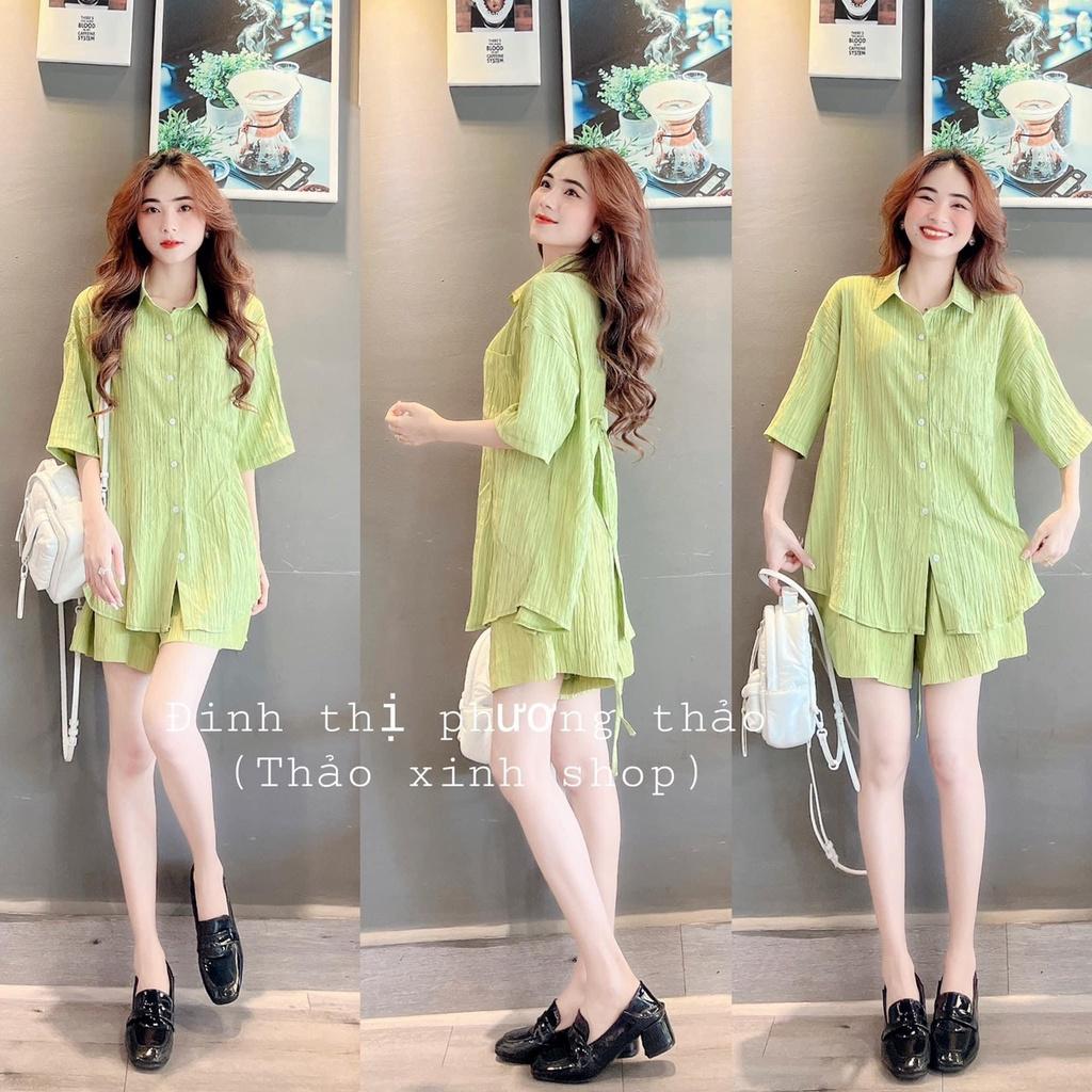 Bộ đùi nữ Set sơ mi sọc xanh lá cột nơ lưng, Set sơ mi sọc xanh lá quần sooc chất đũi thắt nơ lưng