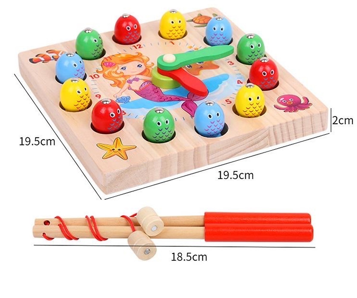 Bộ câu cá thông minh kết hợp đồng hồ cho bé bằng gỗ _ đồ chơi trí tuệ an toàn cho bé MK0069