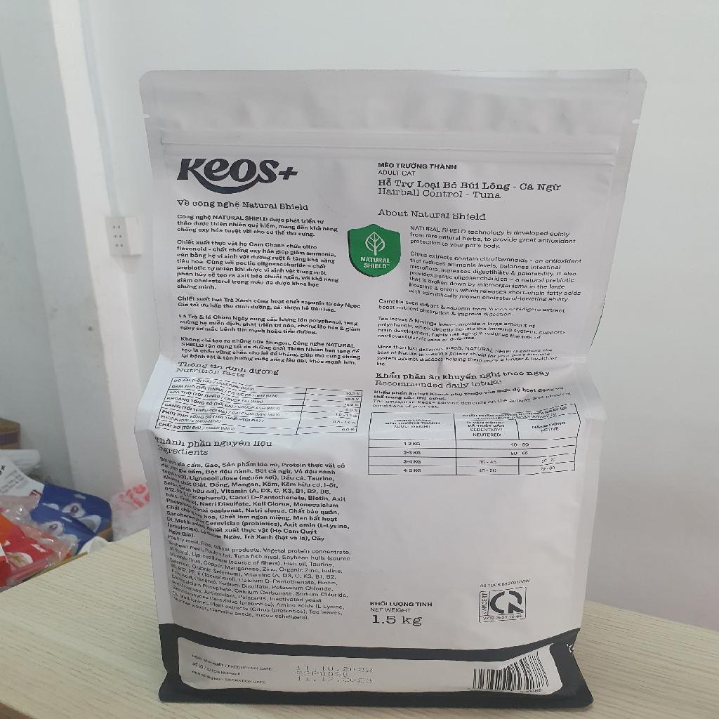 Thức ăn cho mèo trưởng thành Keos Plus hỗ trợ loại bỏ búi lông vị cá ngừ gói 1.5kg