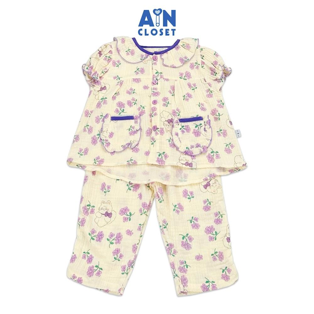 Bộ quần áo dài tay ngắn bé gái họa tiết Mèo Hoa Tím xô muslin - AICDBG0MRENZ - AIN Closet