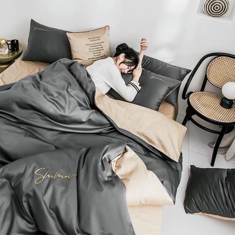 Bộ Chăn Ga Gối Lụa m6/m8/2m - Tiệm Nhà MêuSet 4 Món Tencel Basic Màu Trơn Chữ Sumoi Bóng Siêu Mềm Mát