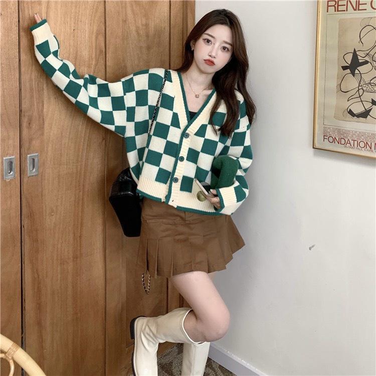 Áo khoác cardigan len dáng croptop sọc caro màu xanh đen phong cách hàn quốc D-10